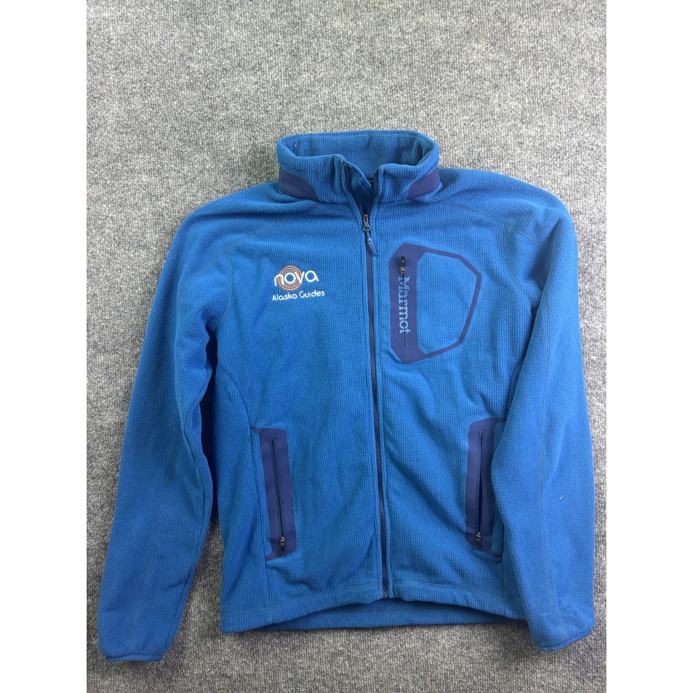 Marmot Fleece Jacket Mens Small Blue Full Zip Pockets Logo Hike Camp